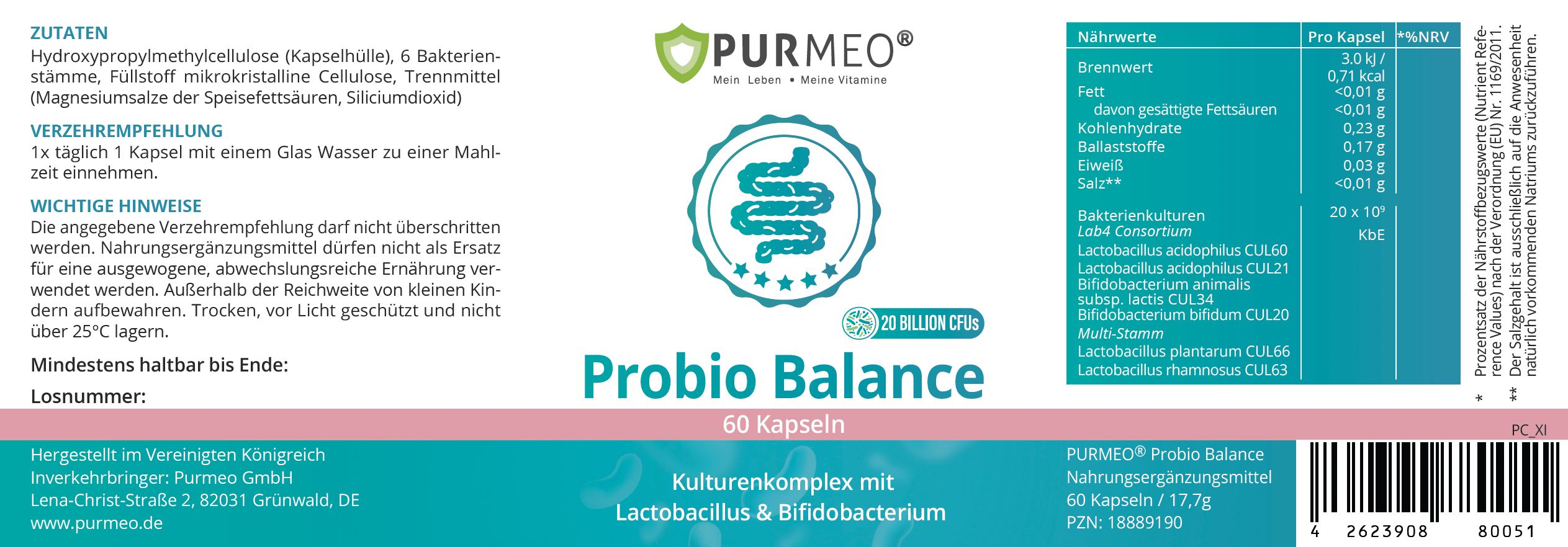 Etikett von PURMEO Probio Balance. Enthält Informationen zu Inhaltsstoffen, Nährwerten und Anwendung. 60 Kapseln.