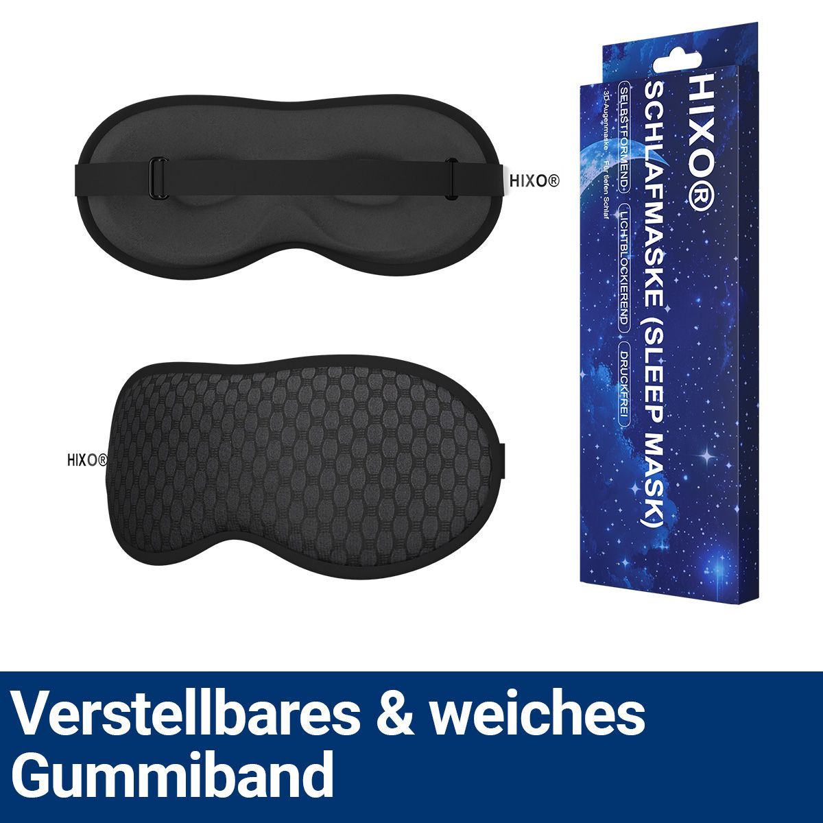 Schlafmaske, schwarz, mit verstellbarem Gummiband. Verpackung mit Produktname und Logo.