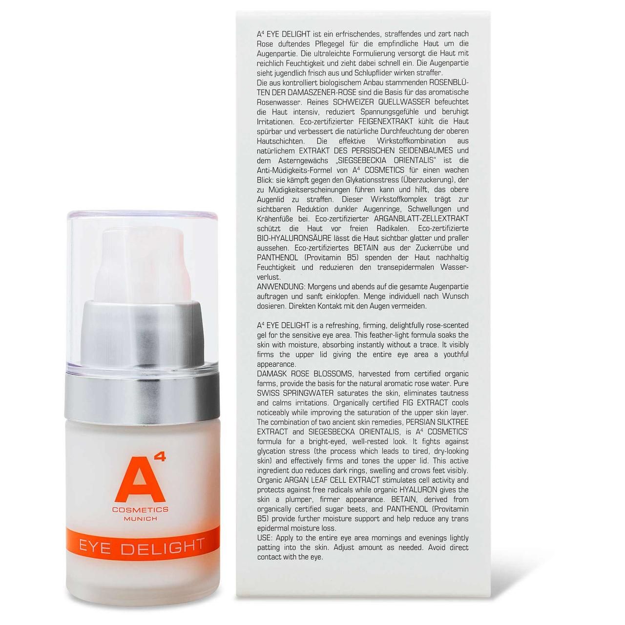 A4 Cosmetics Eye Delight Flasche und Verpackung. Text auf Verpackung. Weißes Fläschchen, silberner Deckel.