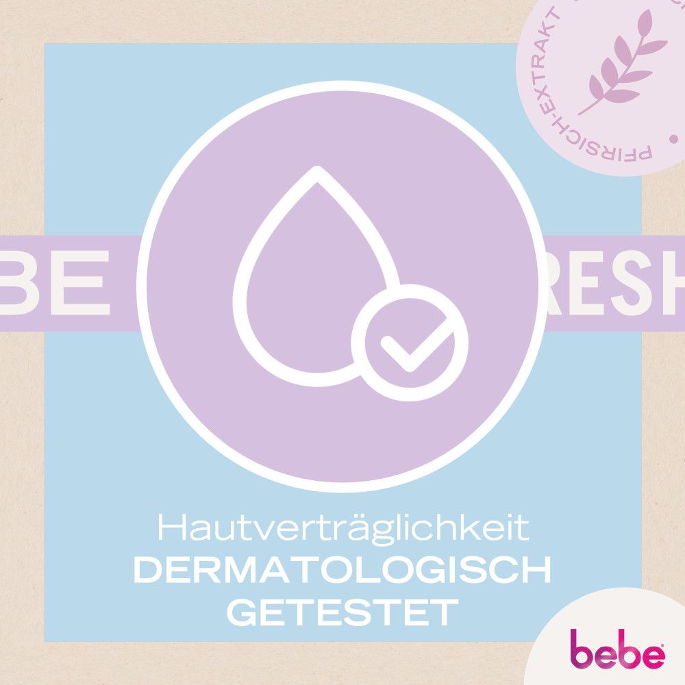 Logo mit Wassertropfen und Häkchen. Text: Hautverträglichkeit dermatologisch getestet. Marke: bebe.