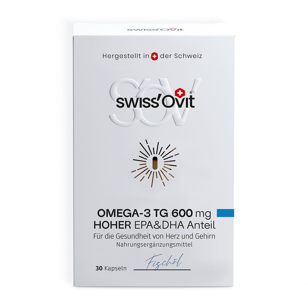 Produktverpackung. Text: SwissOvit, Omega-3 TG 600 mg, hoher EPA & DHA Anteil. Für Herz & Gehirn. 30 Kapseln.
