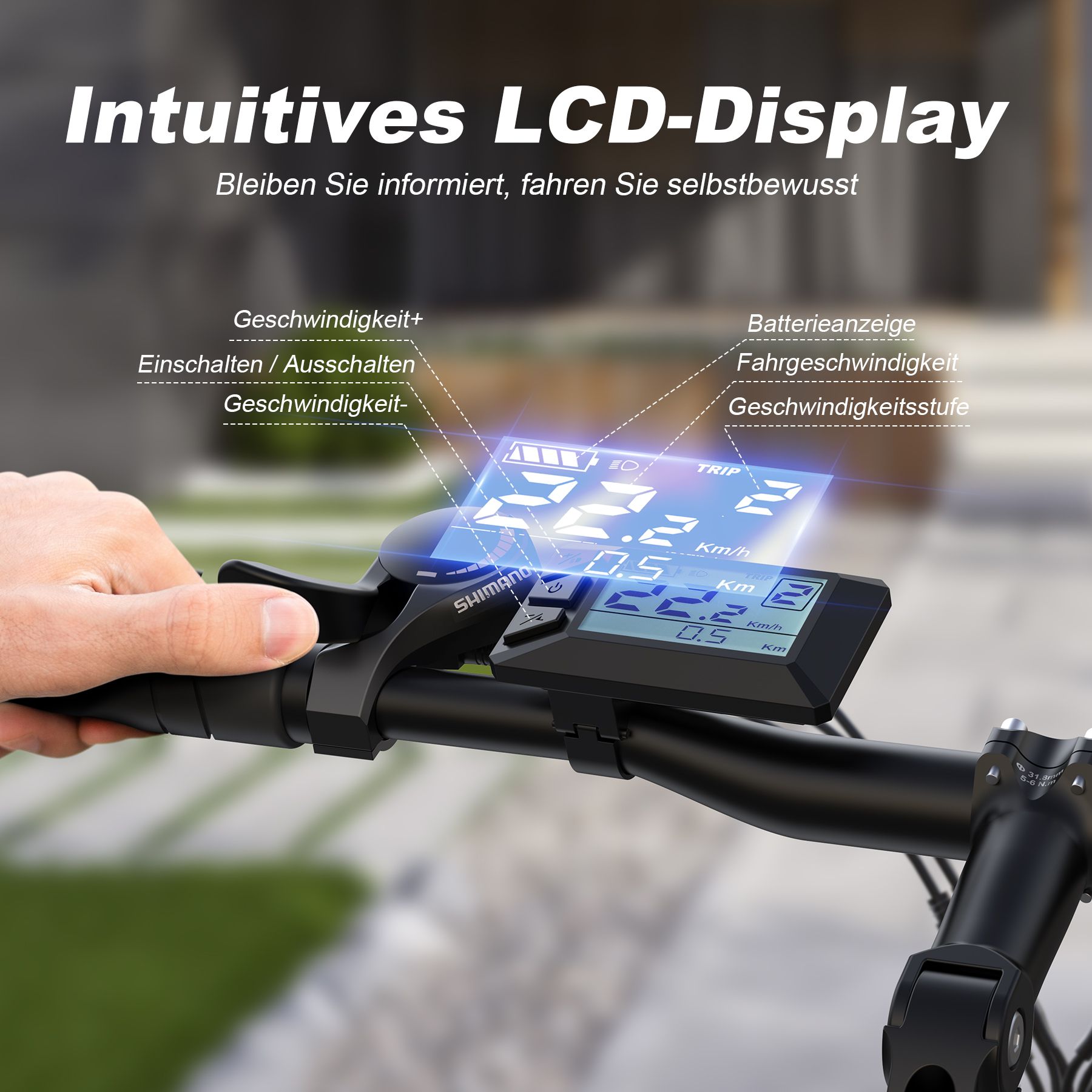 LCD-Display eines Elektro-Mountainbikes. Geschwindigkeitsanzeige, Batteriestatus, Fahrgeschwindigkeit. Shimano-Logo.