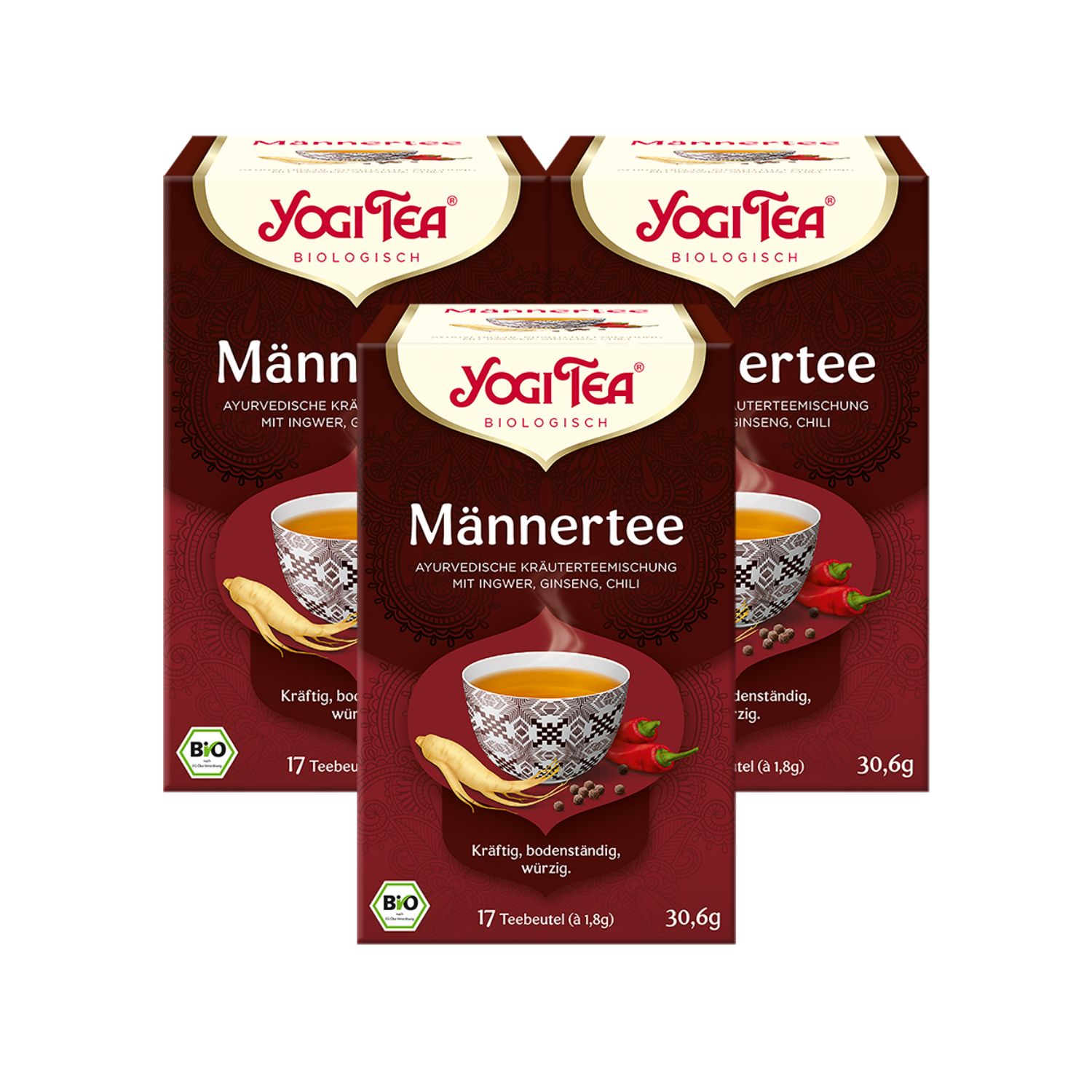 Drei Packungen Yogi Tea - Männer Tee. Rote Verpackung mit Logo, Teebeutel-Anzahl und Zutaten-Illustrationen.