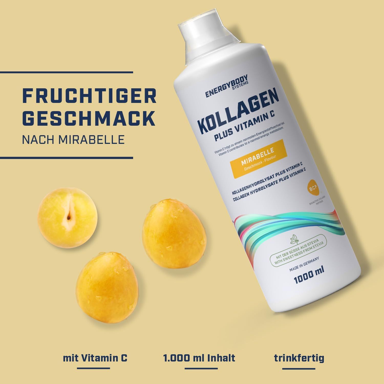 Weiße Flasche mit Energybody Systems Kollagen Liquid Plus Vitamin C. Mirabelle-Geschmack. 1000 ml. Mit Vitamin C. Drei Mirabellen.