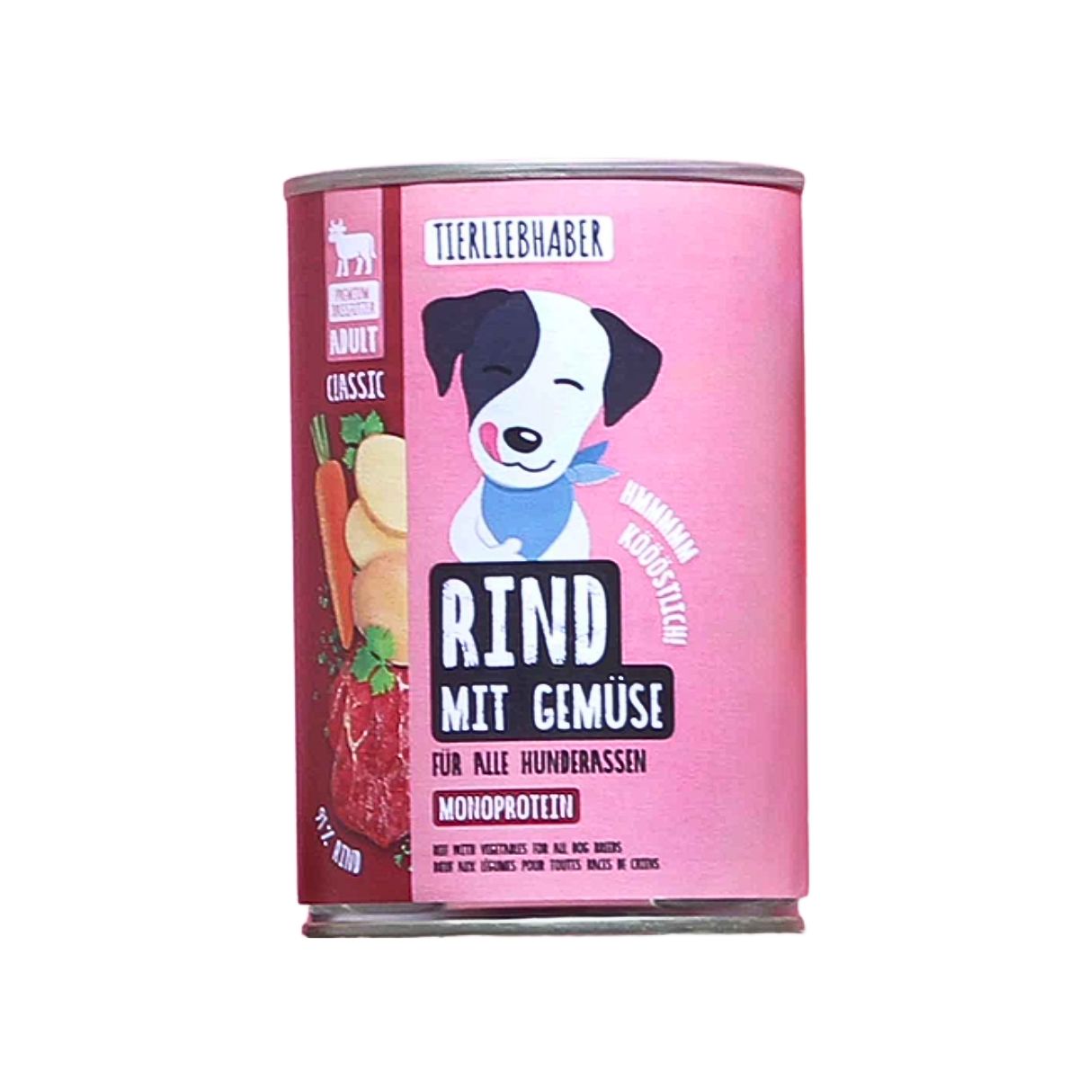 Rosa Dose "Tierliebhaber Rind mit Gemüse". Text und Illustrationen.