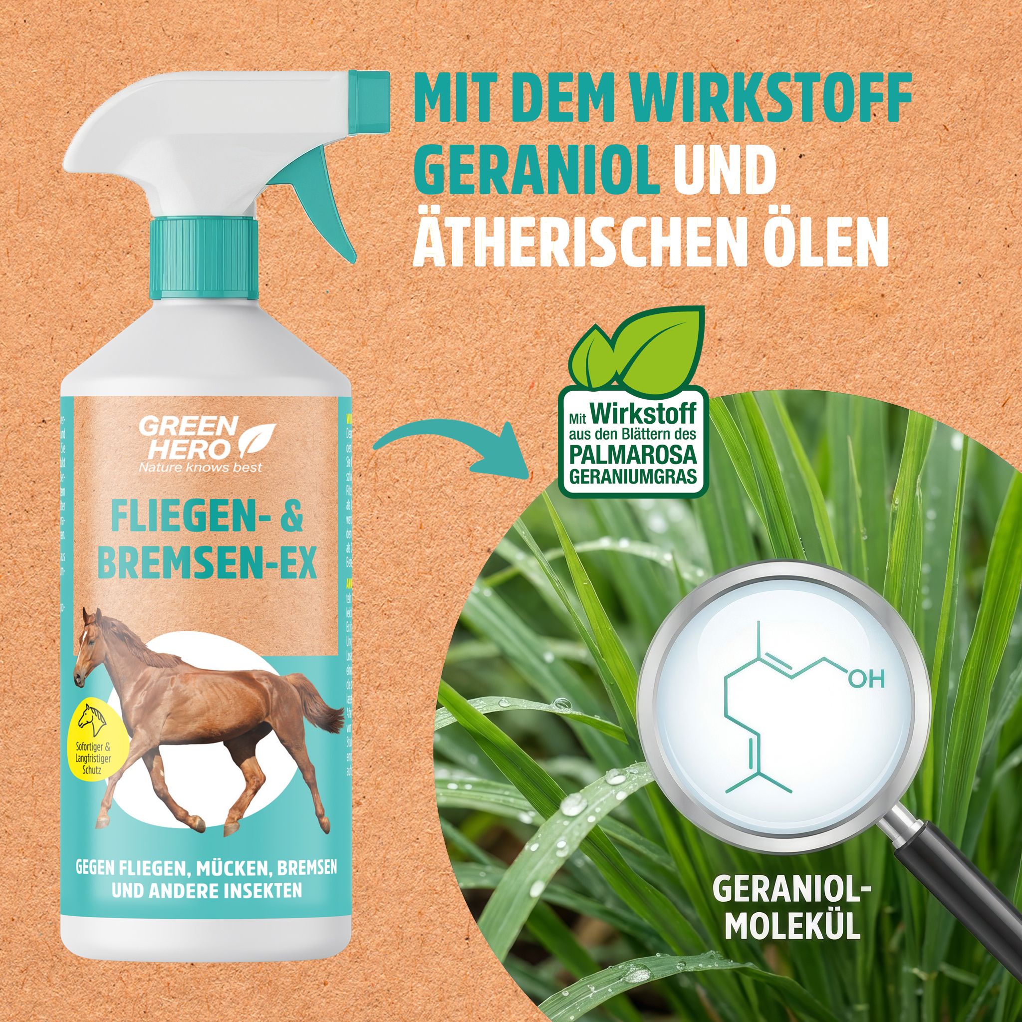Pferdespray-Flasche mit Geraniol-Molekül-Illustration. Text: Mit dem Wirkstoff Geraniol und ätherischen Ölen. Detail: Palmarosa-Geraniumgras.