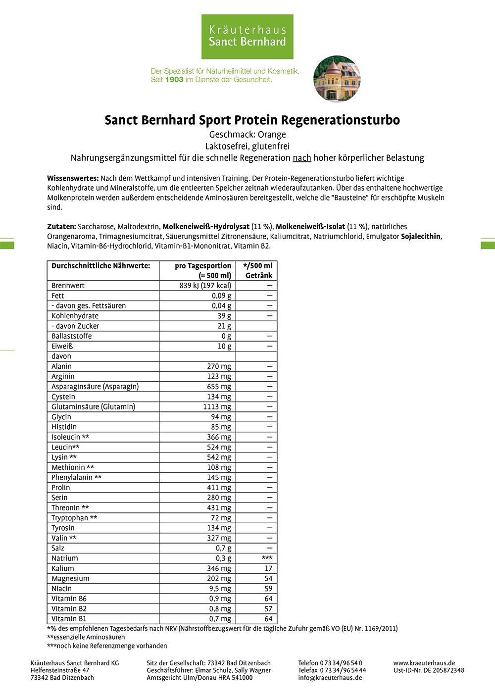 Sanct Bernhard Sport Protein Regenerationsturbo 725 g Pulver