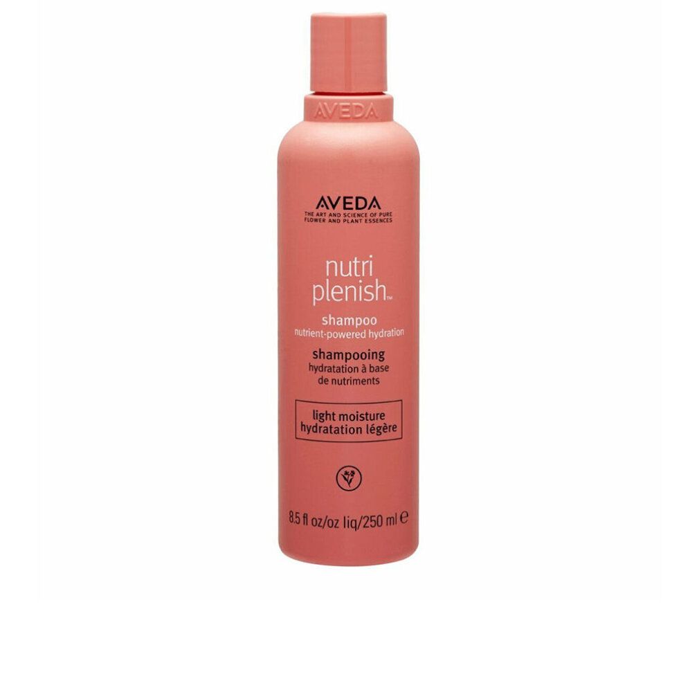 Rosa Shampoo-Flasche mit Aveda-Logo und Nutriplenish-Schriftzug. Text: light moisture, shampooing hydratation à base de nutriments. Vegan-Logo.