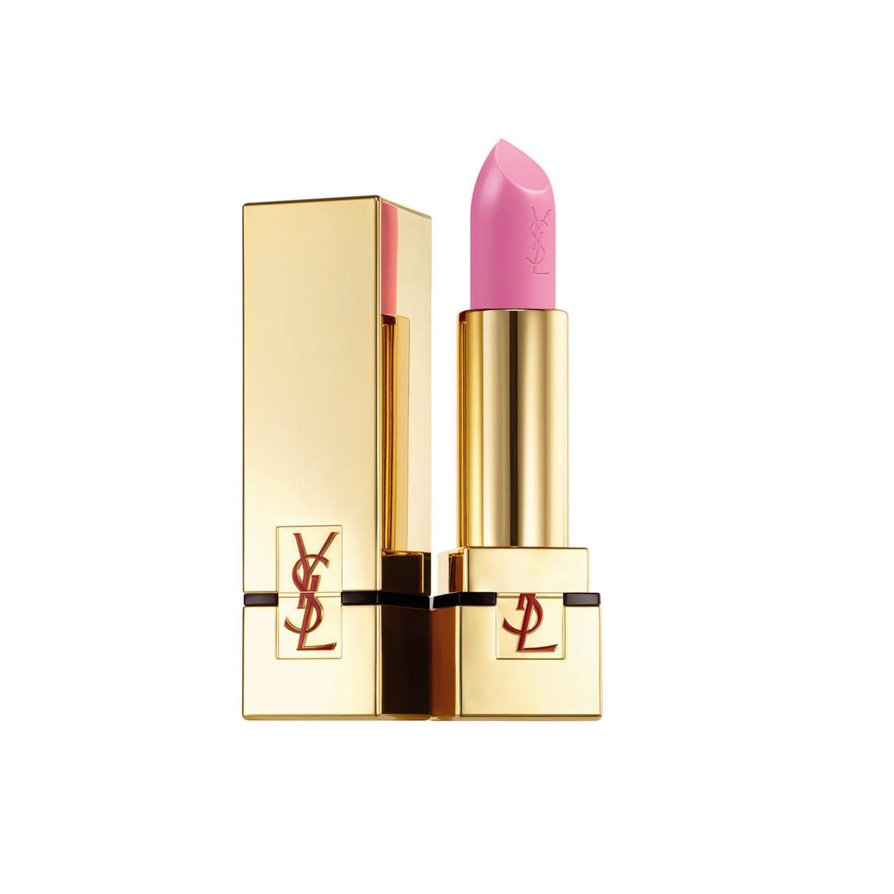 Goldfarbener Lippenstift mit rosa Lippenstiftmine. YSL-Logo auf dem Gehäuse. Gehäuse geöffnet.