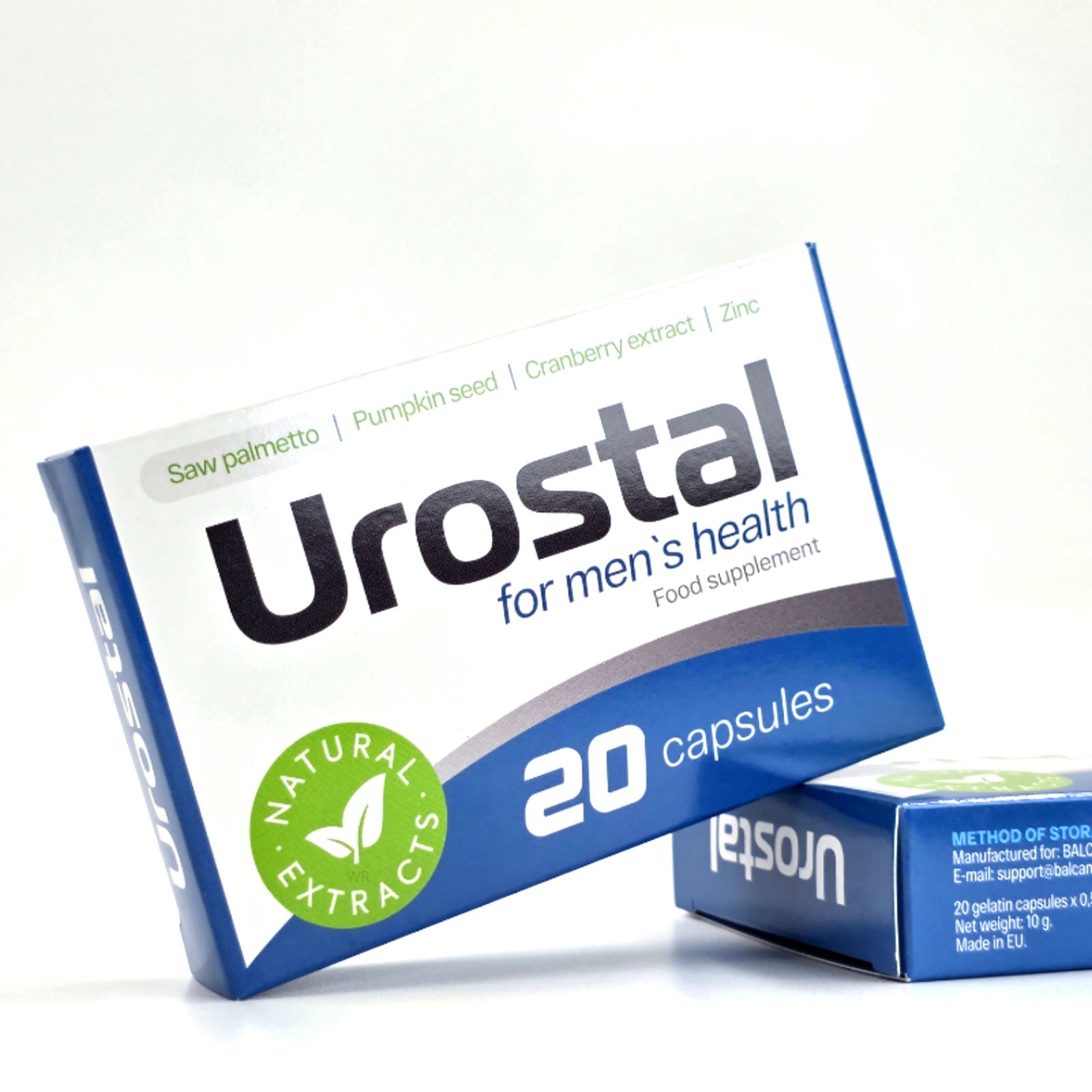 Zwei Urostal Kapseln-Verpackungen. Aufschrift: "for men's health", "20 capsules". Grün-weiß-blaue Verpackung.