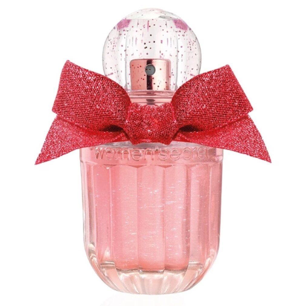 Parfümflakon mit roter Schleife und Glitzer. Der Flakon ist aus Glas und enthält rosa Parfüm.