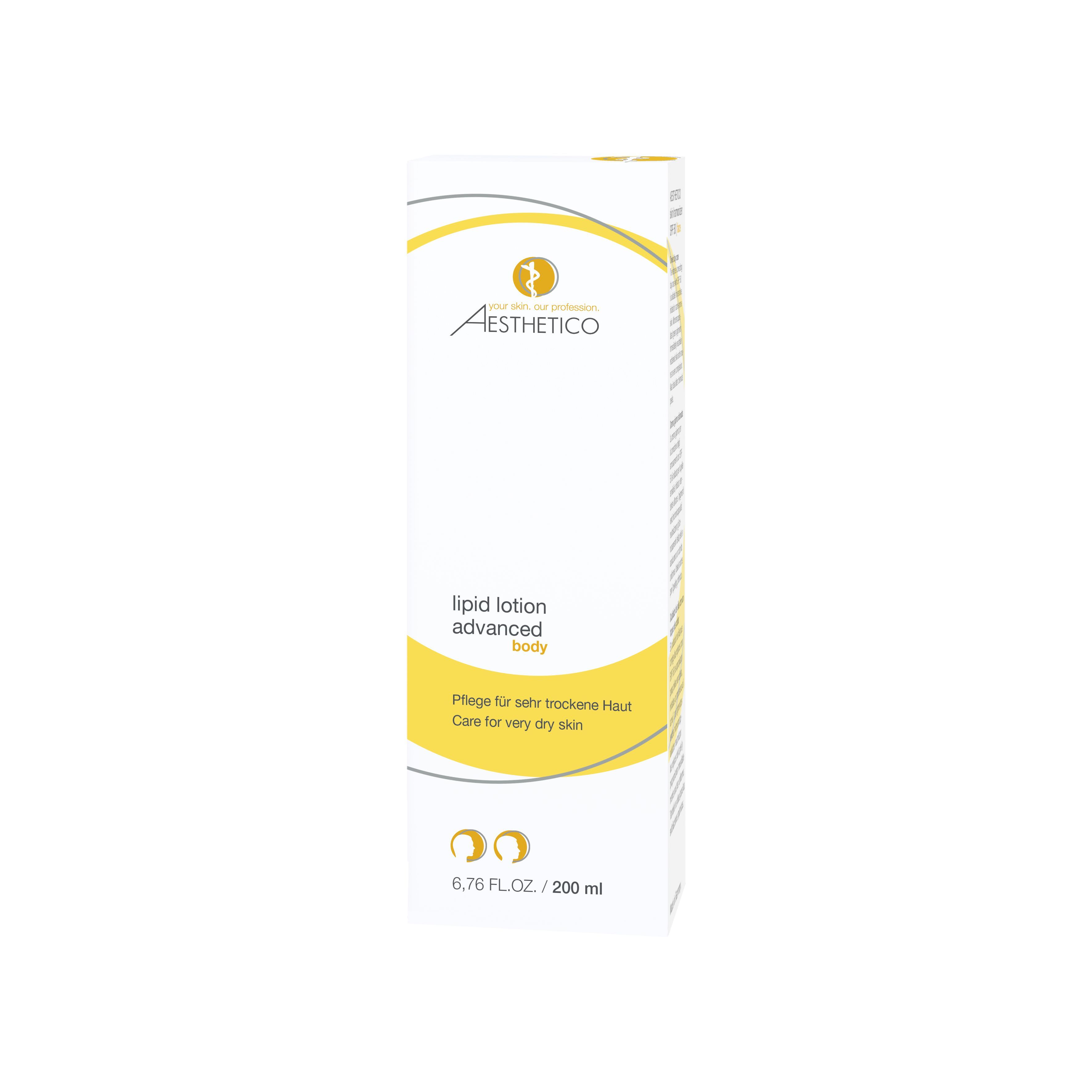 Weißer Karton mit gelben Akzenten. Aufschrift: Aesthetico, lipid lotion advanced body. Für trockene Haut.