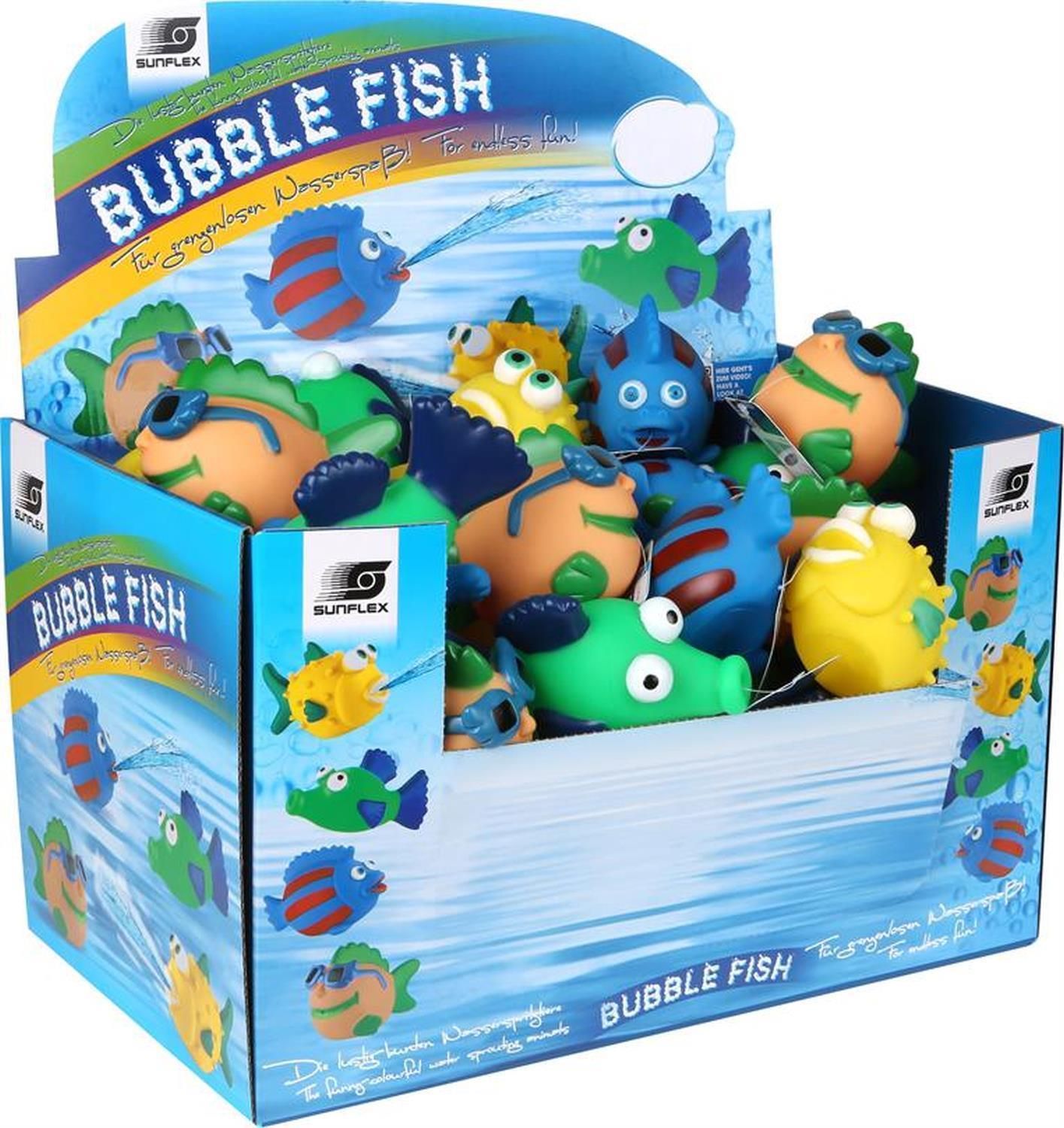 Verkaufsdisplay mit Sunflex Bubble Fish. Mehrere farbige Fische. Text: Bubble Fish.
