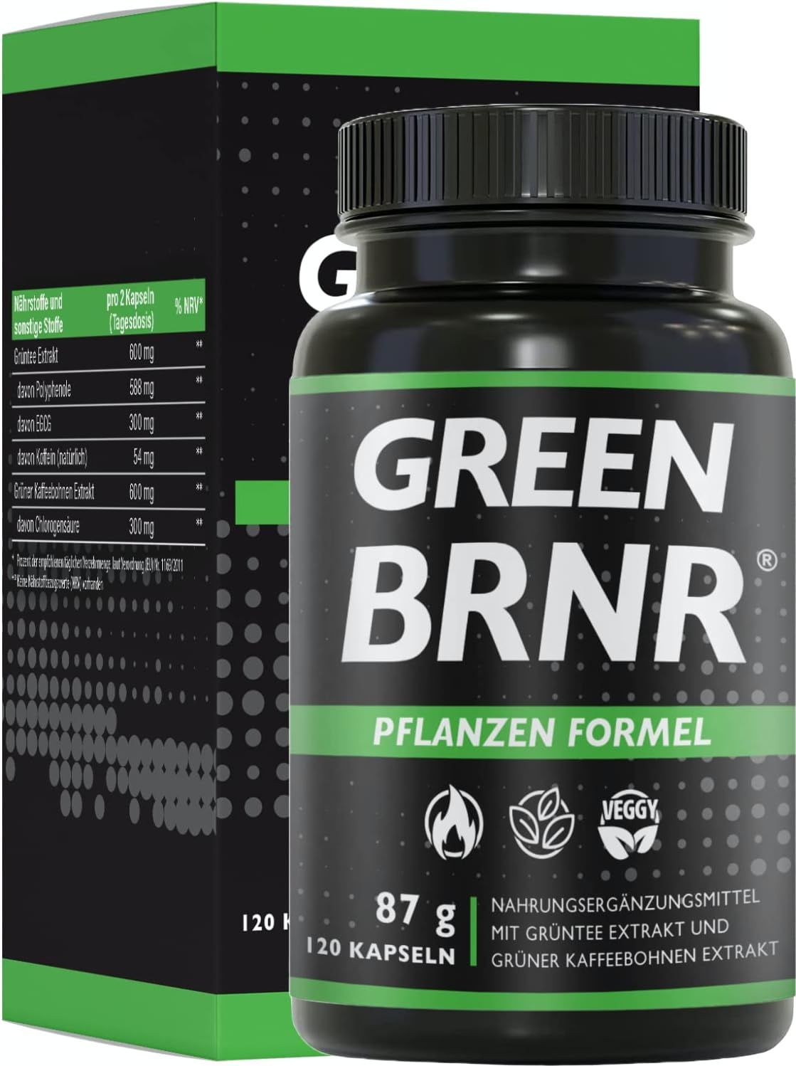Schwarze Flasche mit grünem Etikett. Text: GREEN BRNR, Pflanzen Formel, 120 Kapseln. Daneben eine Schachtel mit Inhaltsangaben.