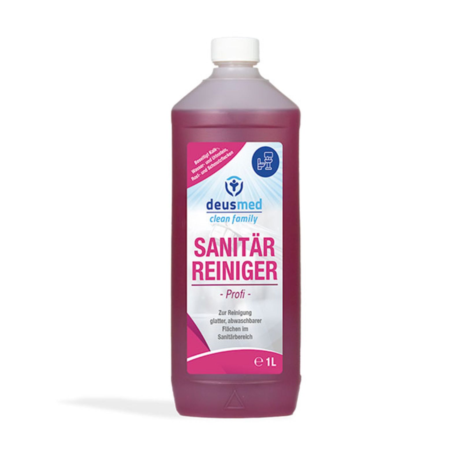 Flasche mit roter Flüssigkeit. Etikett mit Produktname, Logo und 1L-Angabe. Weißer Verschluss.