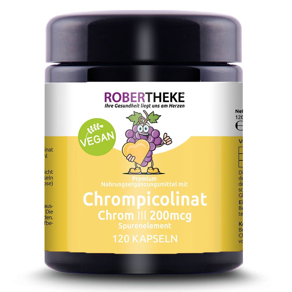 Schwarze Dose mit gelbem Etikett. Aufschrift: Chrompicolinat, Chrom III 200mcg, 120 Kapseln. Vegan-Siegel und Logo.