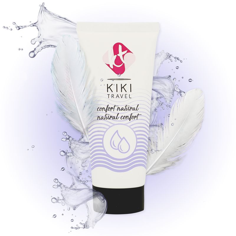 Tube Gleitgel mit Wasser und Federn. Aufschrift: KIKI TRAVEL, confort natural. Weiße Tube mit lila Akzenten und schwarzem Verschluss.