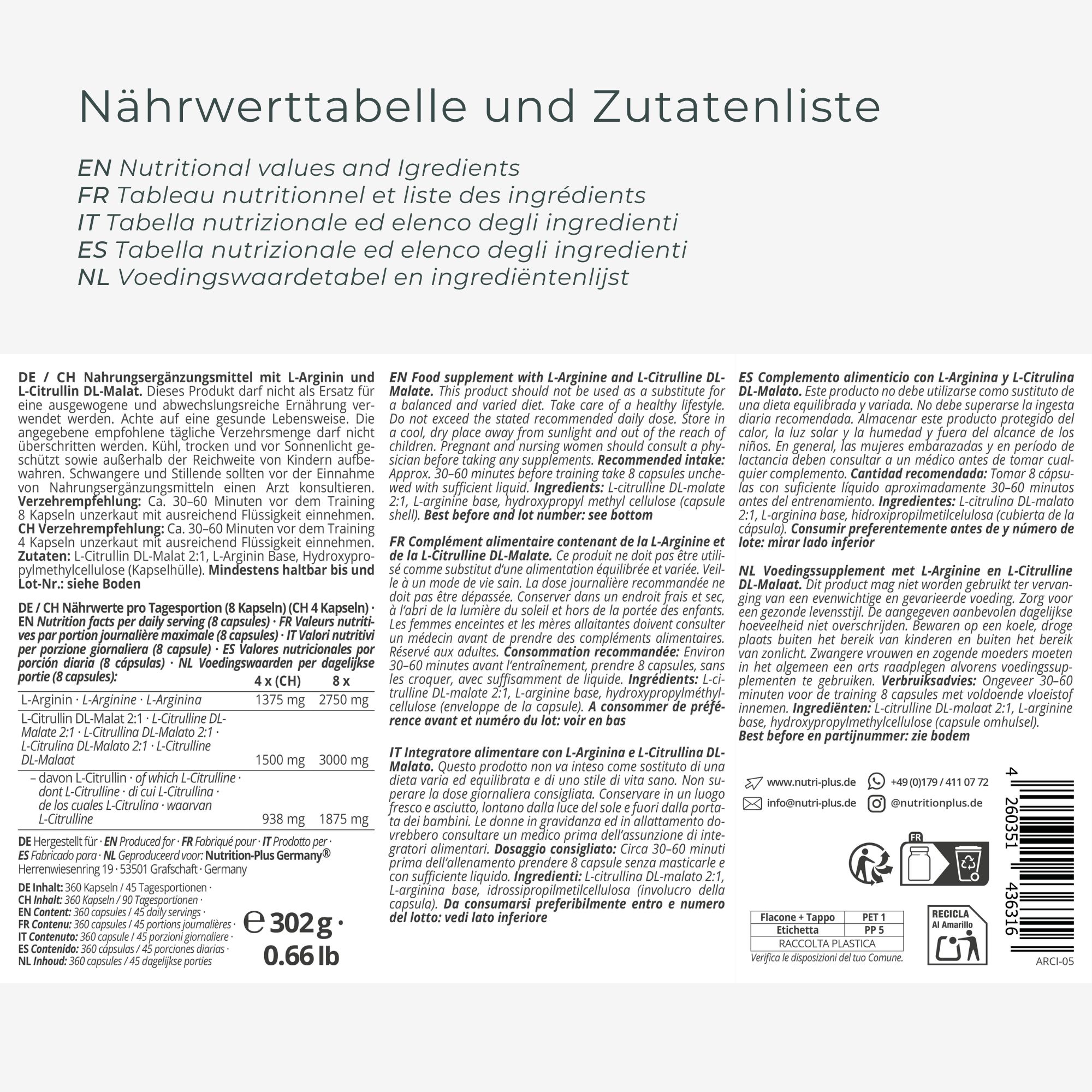 Text mit Nährwertangaben und Zutatenliste. Text in Deutsch, Englisch, Französisch, Italienisch, Spanisch, Niederländisch.