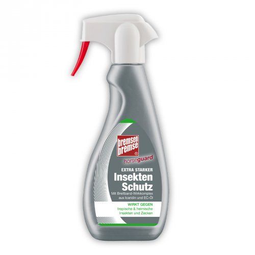 Graue Sprühflasche mit weißem Sprühkopf und rotem Auslöser. Aufschrift: Bremsen bremse horseguard Insektenschutz.