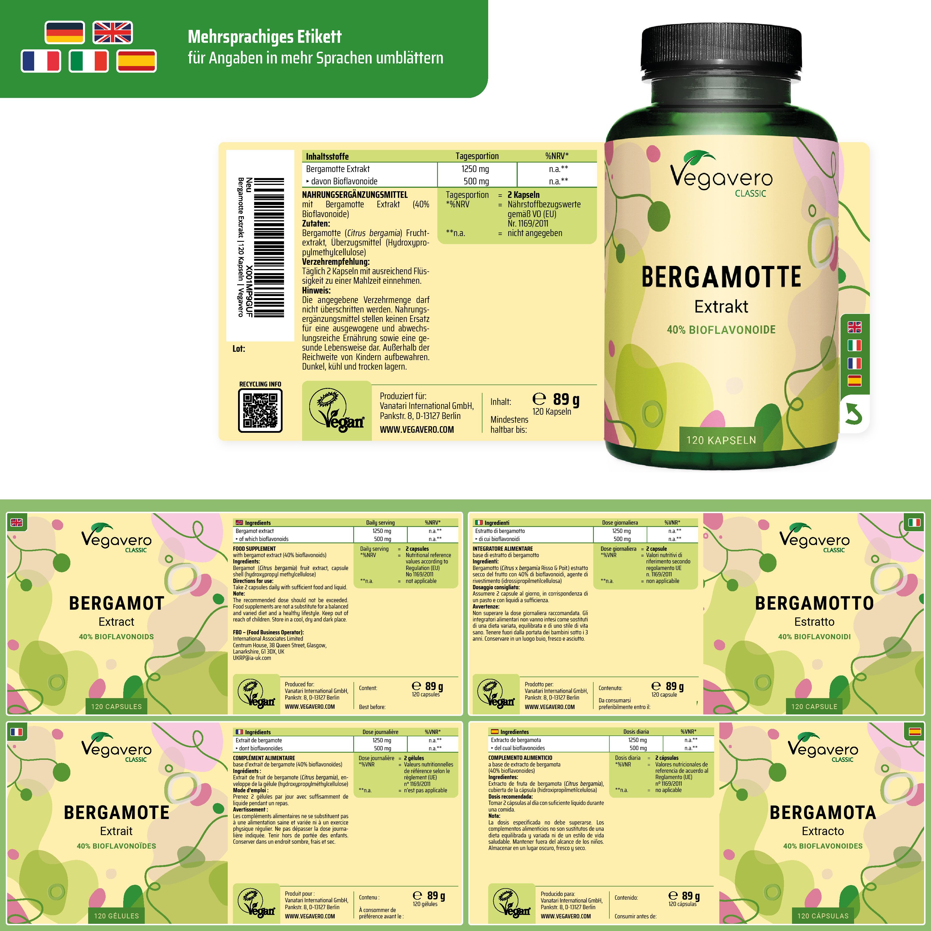 Mehrsprachiges Etikett mit Informationen. Flasche mit Kapseln. Aufschrift: Bergamotte Extrakt, 40% Bioflavonoide. 120 Kapseln.