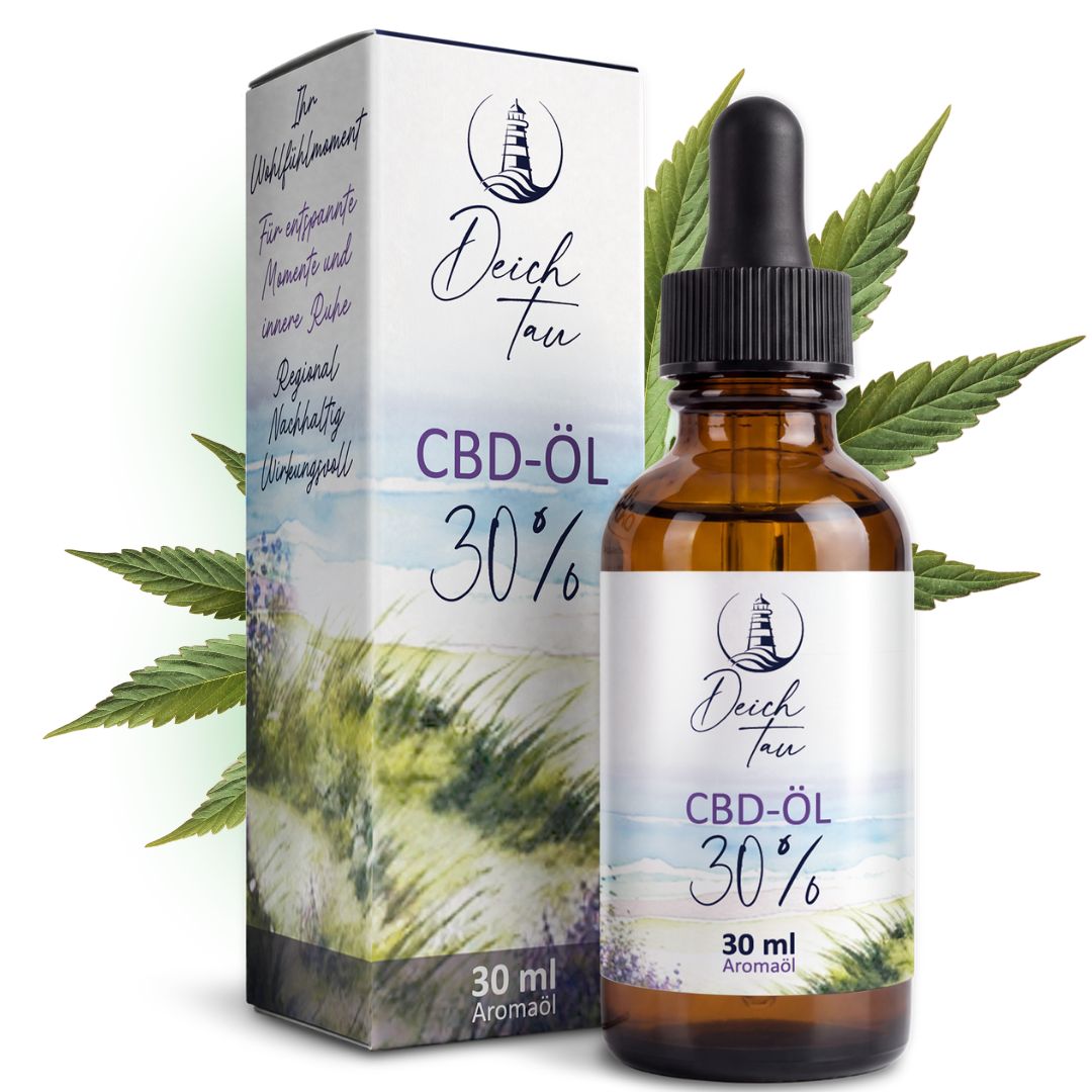 Deichtau CBD Öl 30% Flasche und Faltschachtel mit Leuchtturm-Logo und Strandmotiv.