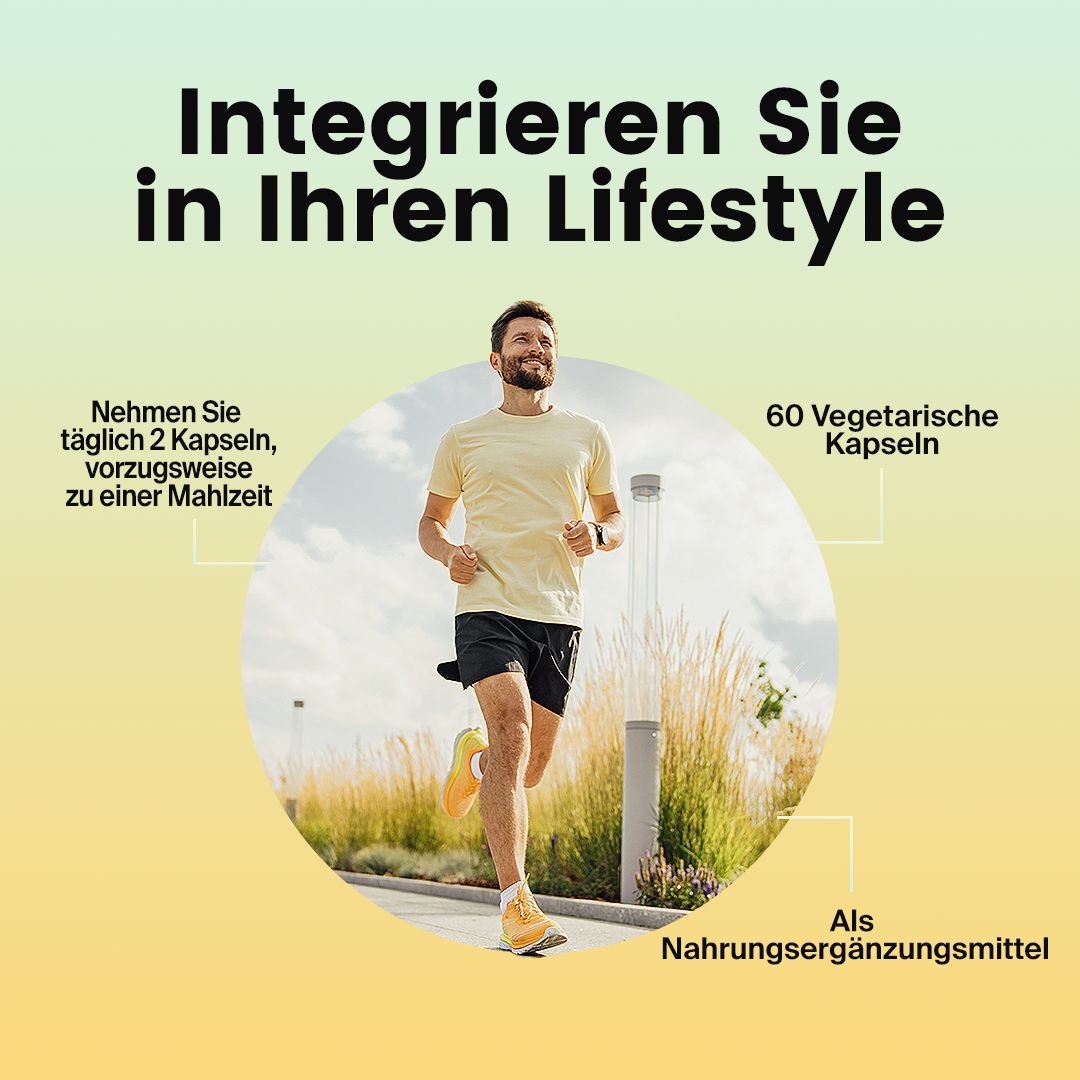 Mann joggt. Text: Nehmen Sie täglich 2 Kapseln, vorzugsweise zu einer Mahlzeit. 60 vegetarische Kapseln.