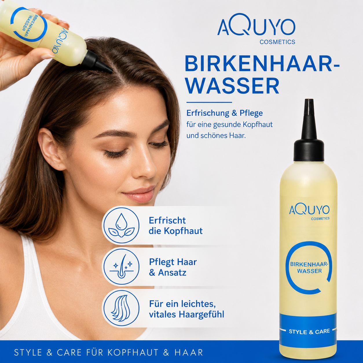 Gelbliche Flasche mit schwarzem Applikator. Aufschrift: Birkenhaarwasser. Frau trägt das Produkt auf. Text: Erfrischt die Kopfhaut, pflegt Haar & Ansatz.