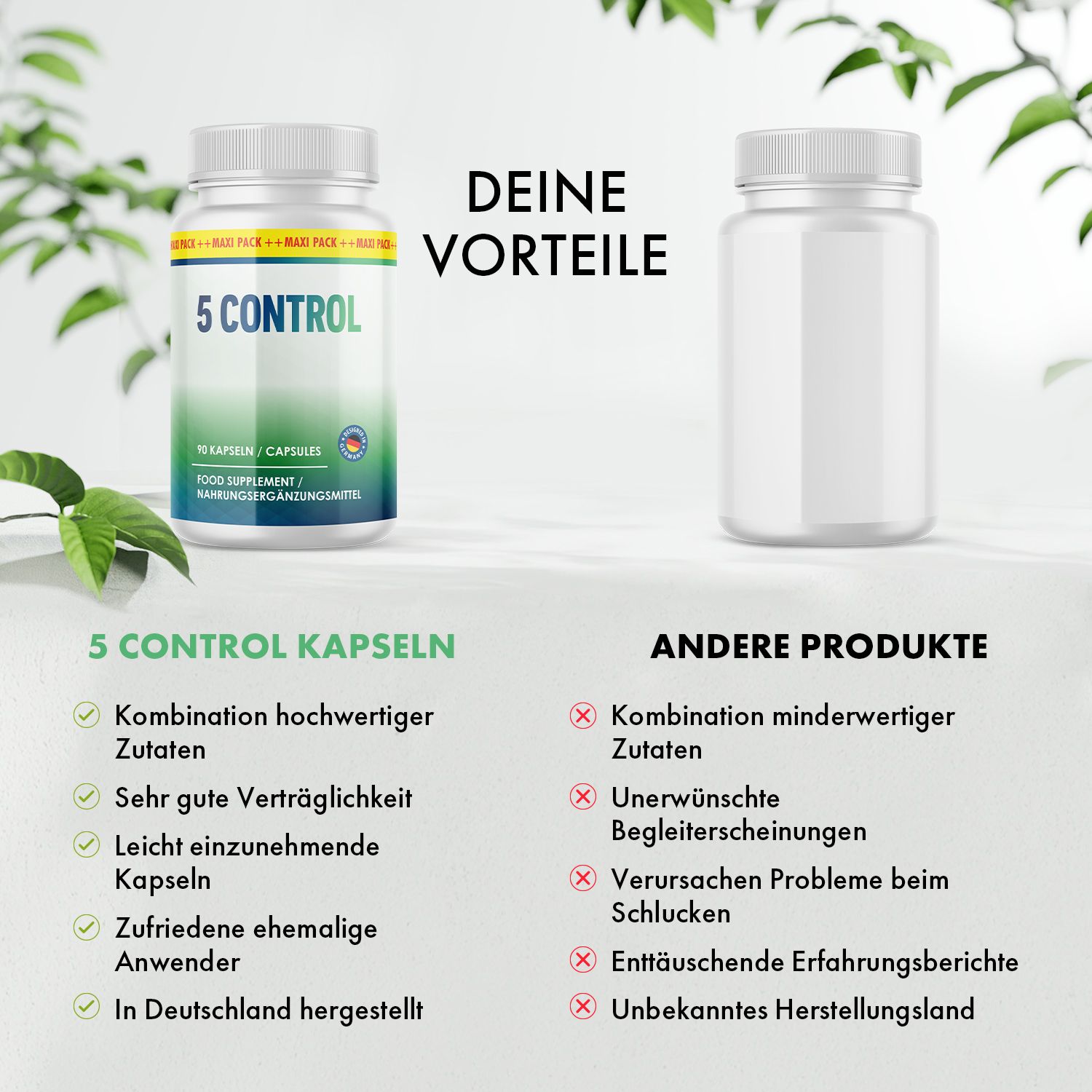 Zwei weiße Pillendosen, eine mit dem Etikett '5 CONTROL', 90 Kapseln, Nahrungsergänzungsmittel.