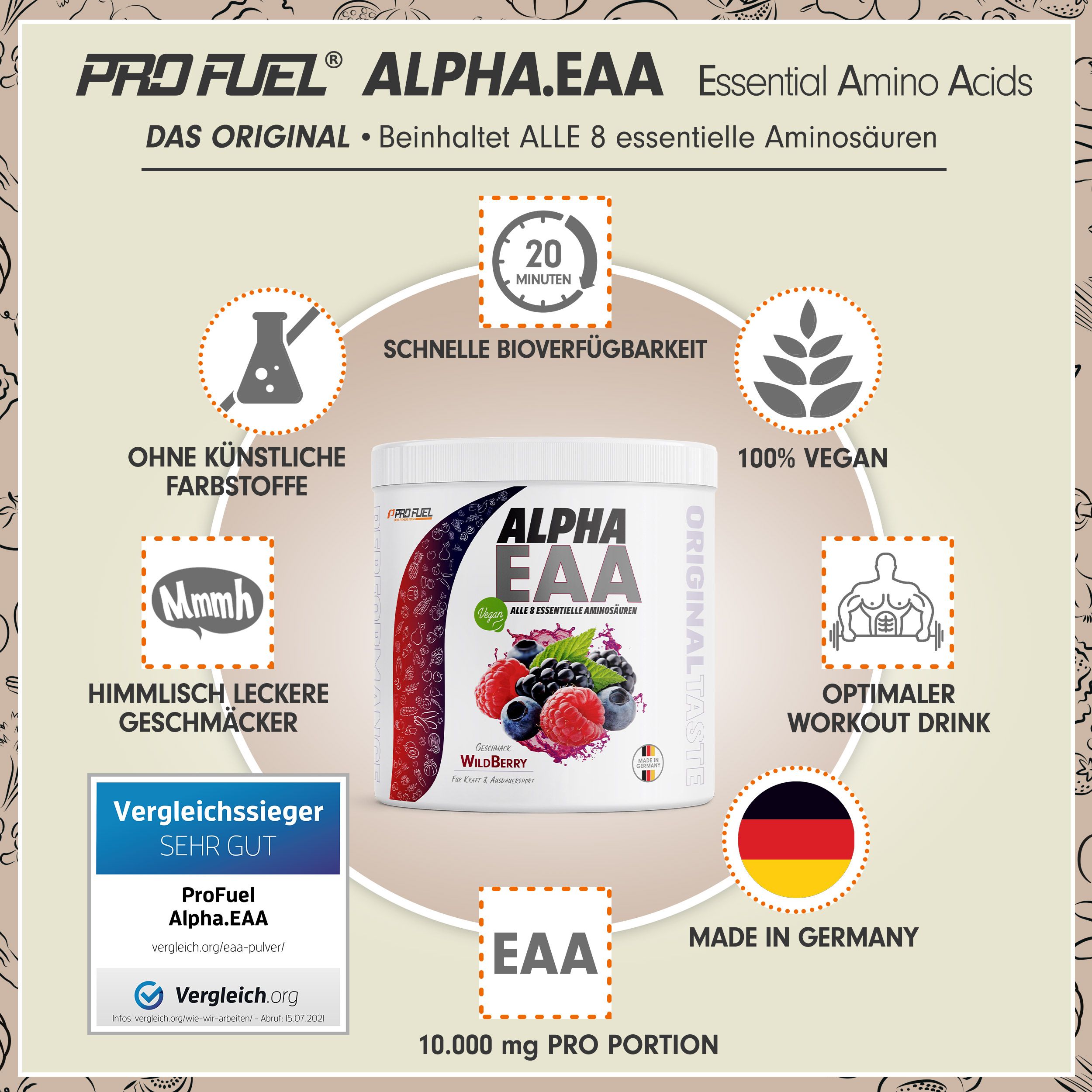 ProFuel - Alpha.EAA Pulver Wild Beerenfrüchte optimal hochdosiert, Made in Germany, 100% vegan 462 g