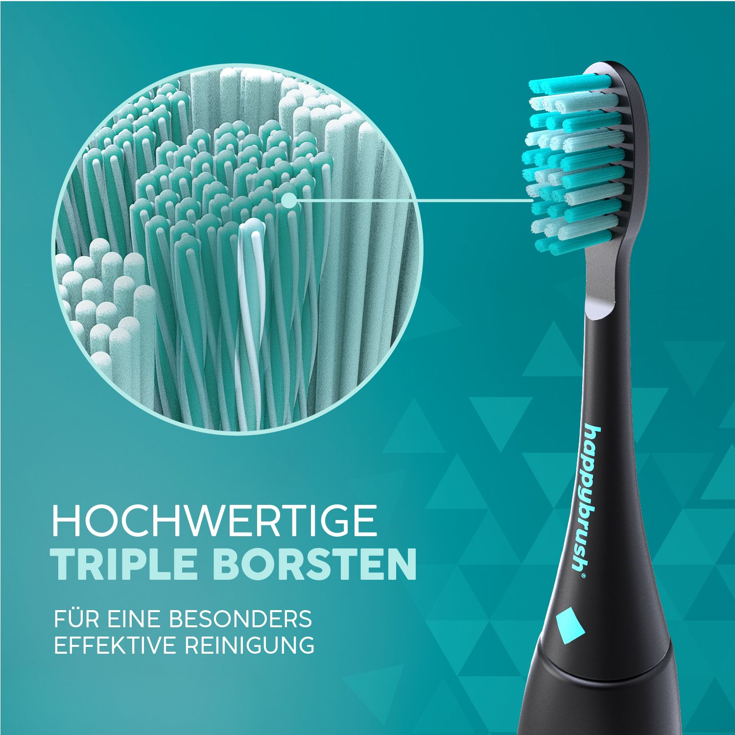 Nahaufnahme einer happybrush Zahnbürste. Schwarzer Griff, grüne und weiße Borsten. Text: Hochwertige Triple Borsten, für eine effektive Reinigung.