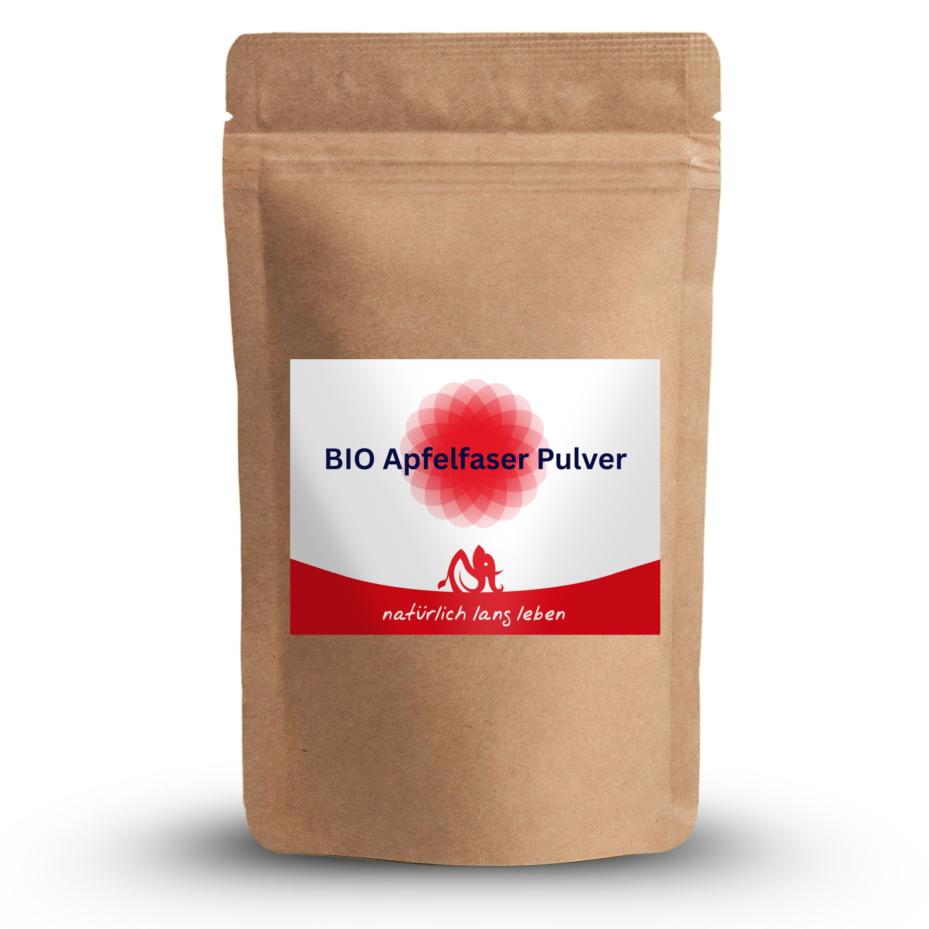 Braune Tüte mit Etikett. Aufschrift: BIO Apfelfaser Pulver. Roter Streifen mit Logo und Schriftzug: natürlich lang leben.