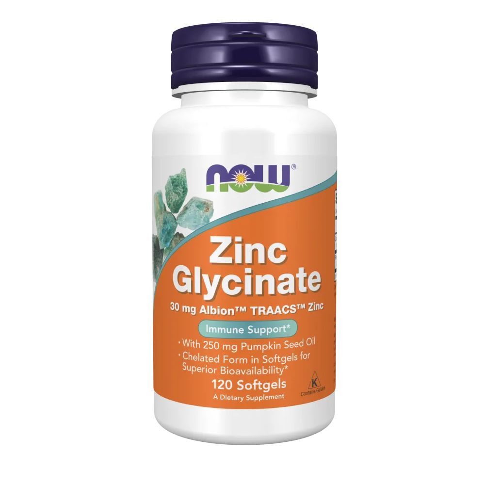 Weiße Flasche mit blauem Deckel. Aufschrift: NOW, Zinkglycinat, 120 Softgels. Enthält 30 mg Zink und Kürbiskernöl. Nahrungsergänzungsmittel.