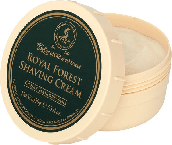 Beige Dose mit grünem Deckel, Rasiercreme sichtbar. Text: Royal Forest Shaving Cream. Logo und Markenname.