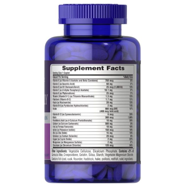 Rückseite der Puritan's Pride One Daily Multivitamin-Flasche mit Nährwertangaben.