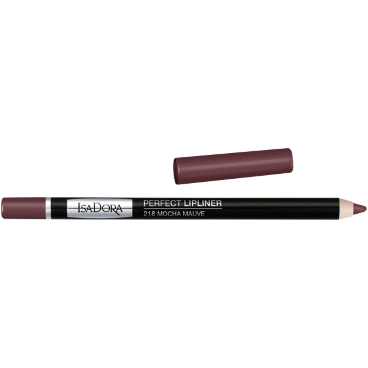 IsaDora Perfect Lipliner, Stift mit Kappe. Schwarzer Stift, silberne Schrift, Aufschrift: Perfect Lipliner 218 Mocha Mauve. Kappe liegt daneben.