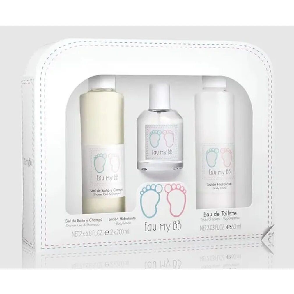 Set mit Duschgel & Shampoo, Bodylotion und Eau de Parfum. Weiße Verpackung mit drei Flaschen und einer kleinen Flasche.