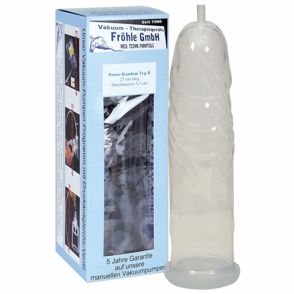 Produkt mit Verpackung. Zylinder neben Box mit Text: Vakuum-Therapiegeräte, FRÖHLE GmbH, Power-Kondom Typ B, 23 cm lang.