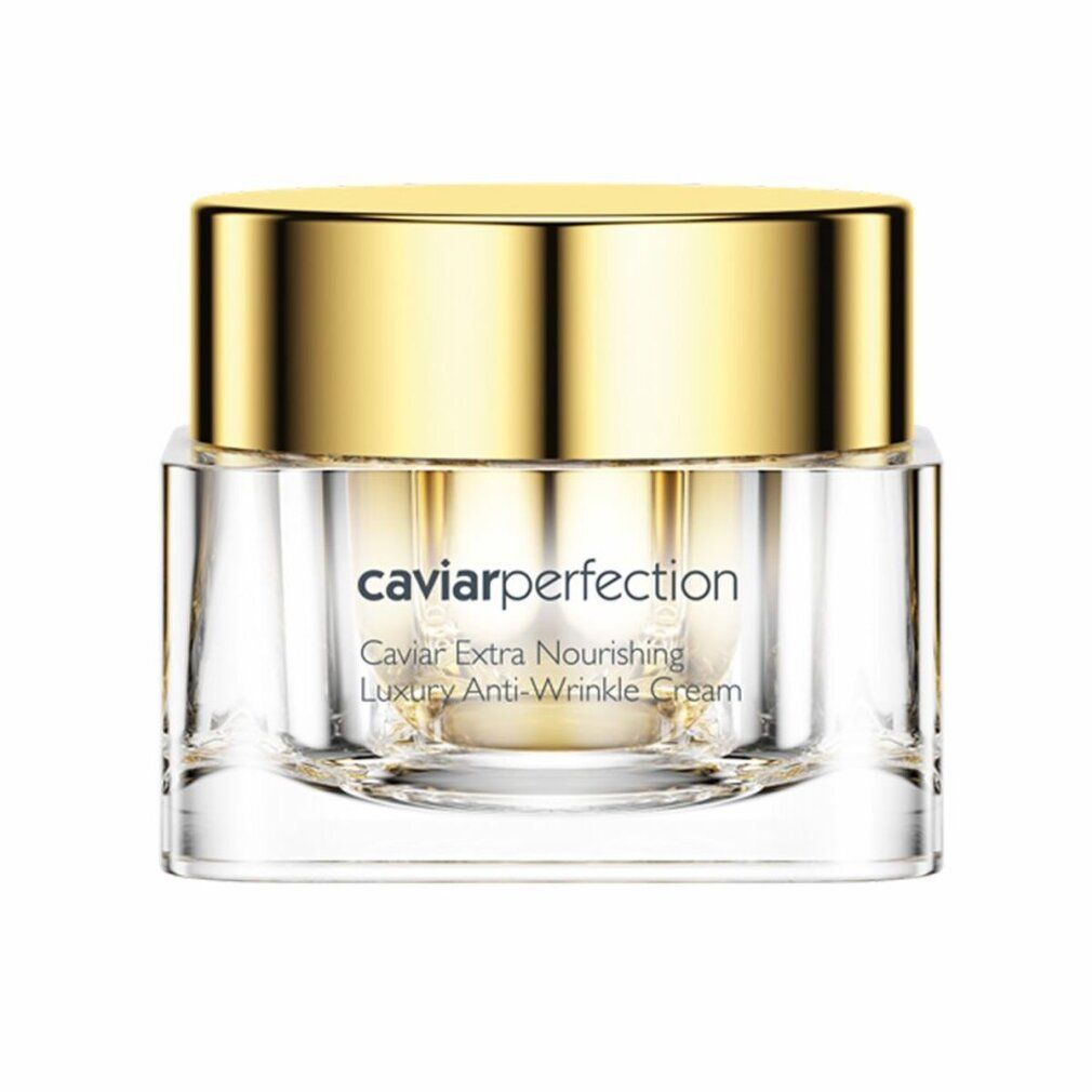 Creme-Glas mit goldenem Deckel. Aufschrift: caviarperfection, Caviar Extra Nourishing Luxury Anti-Wrinkle Cream.