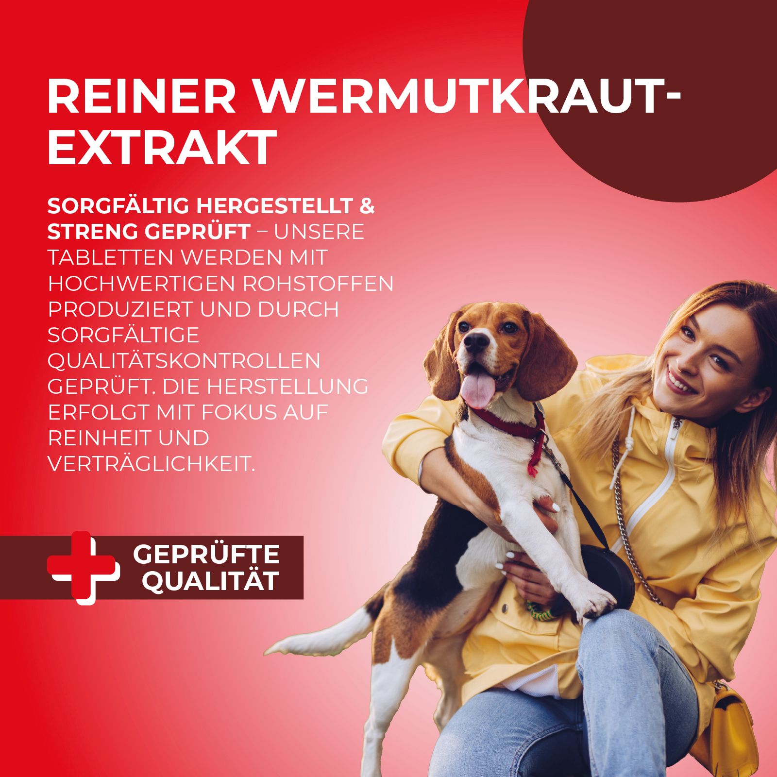 Werbebild mit Frau und Hund. Text: "REINER WERMUTKRAUT-EXTRAKT". Geprüfte Qualität. Plus-Zeichen.