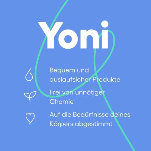 Blauer Hintergrund mit Text: "Yoni", "Bequem und auslaufsicher Produkte", etc.