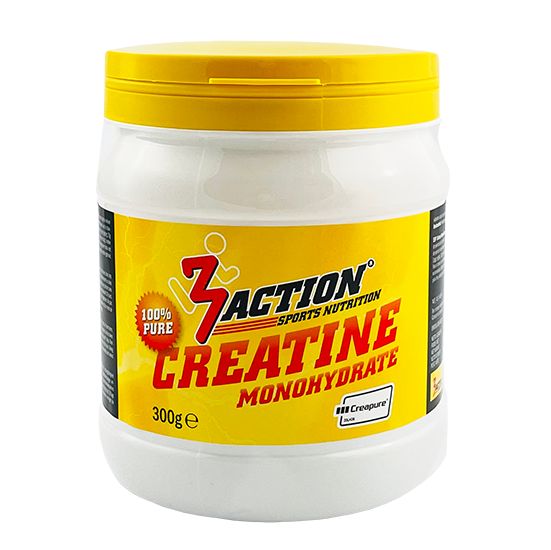 Weißer Behälter mit gelbem Deckel und Etikett. Aufschrift: 3Action Creatine Monohydrate, 300g. Mit Logo und Reinheitsangabe.