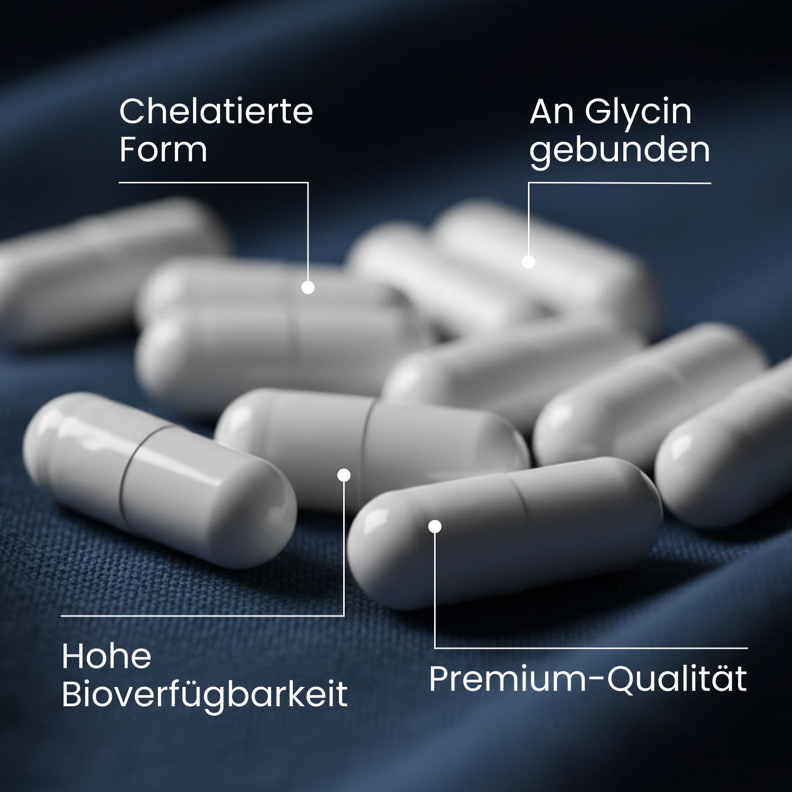 Nahaufnahme von Magnesium Bisglycinat Kapseln, mit Hinweisen zu Form und Qualität.