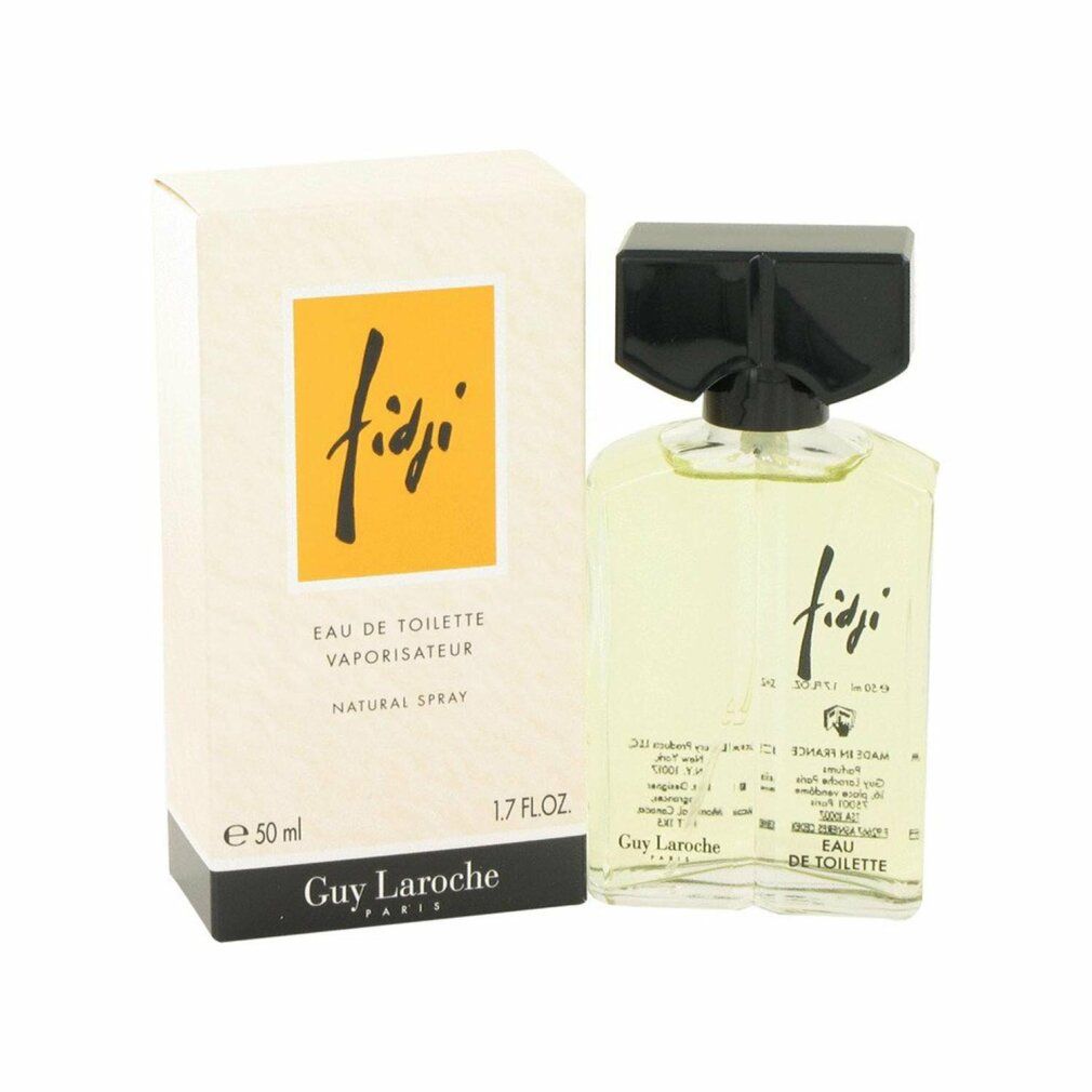 Fidji Eau de Toilette Spray von Guy Laroche. Flakon und Verpackung. Gelbe Flüssigkeit im Glasflakon mit schwarzem Verschluss.