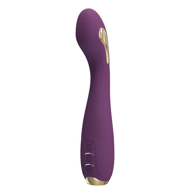 Lila Vibrator mit goldfarbenen Akzenten. Geschwungene Form mit drei Knöpfen. Vertikale Ansicht.