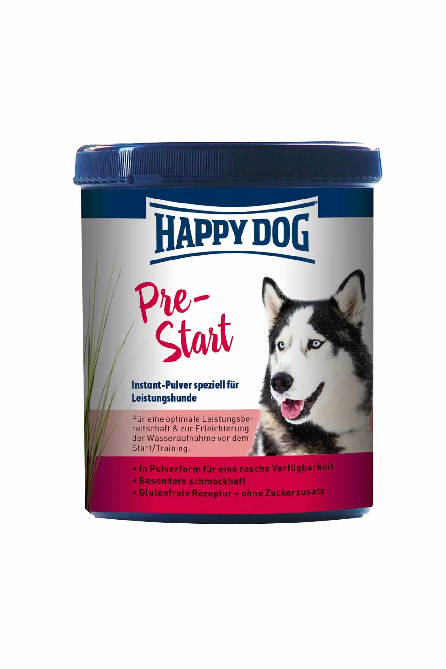 Dose mit Produkt für Hunde. Aufschrift "HAPPY DOG Pre-Start". Abbildung eines Hundes. Text: Instant-Pulver für Leistungshunde.