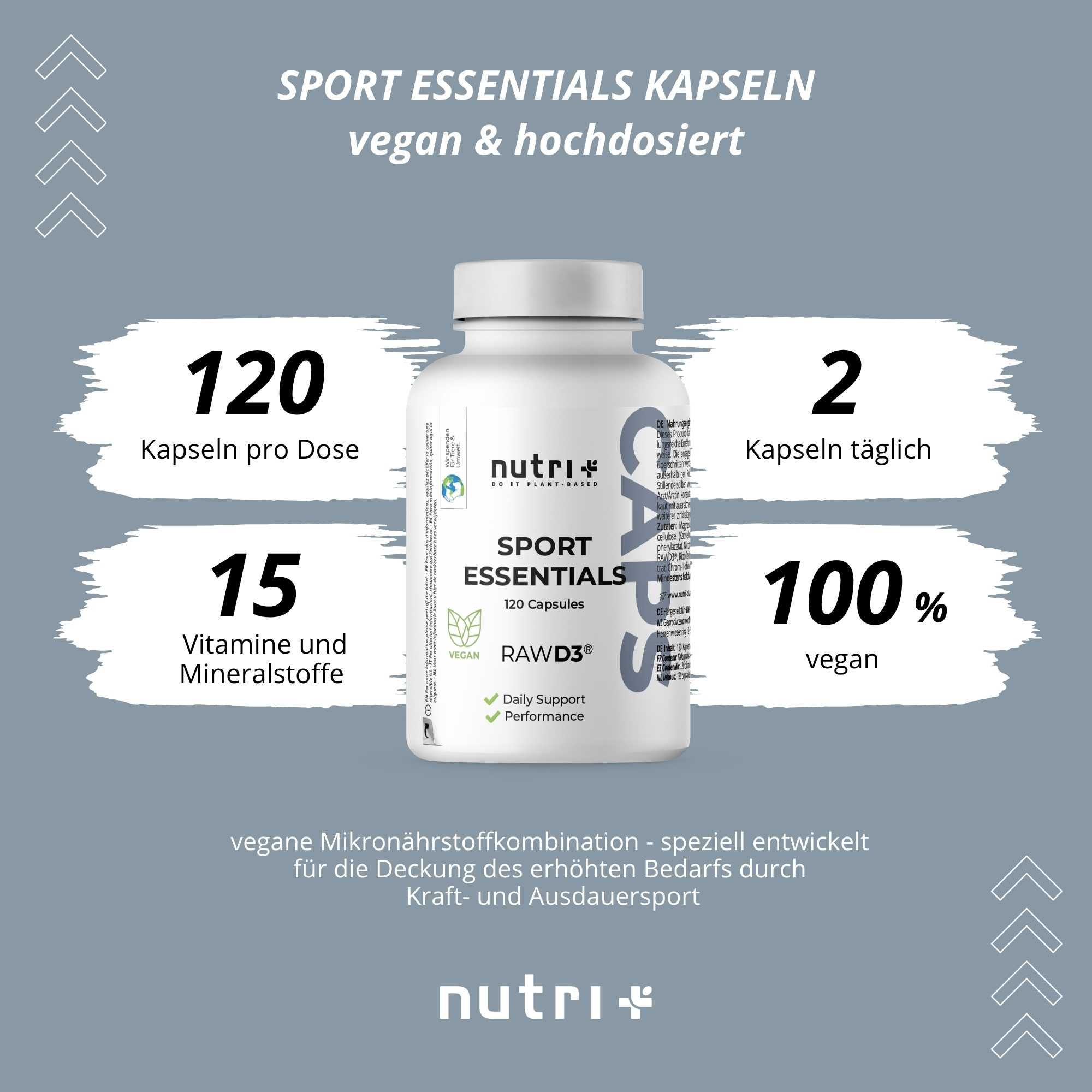 Nutri+ Sport Essentials Kapseln: vegan, ohne Soja, Gluten, Laktose, Farbstoffe, Gentechnik.