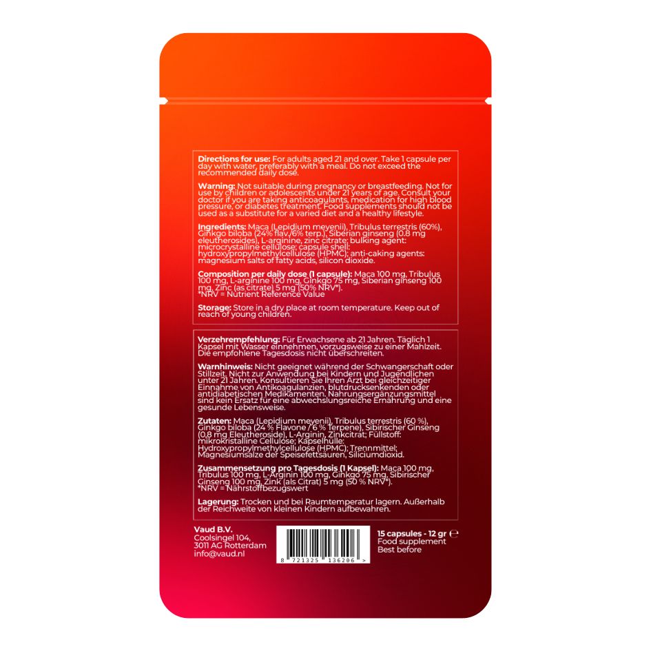 Rückseite der Stamina-Verpackung. Enthält Informationen zu Inhaltsstoffen, Dosierung und Lagerung.