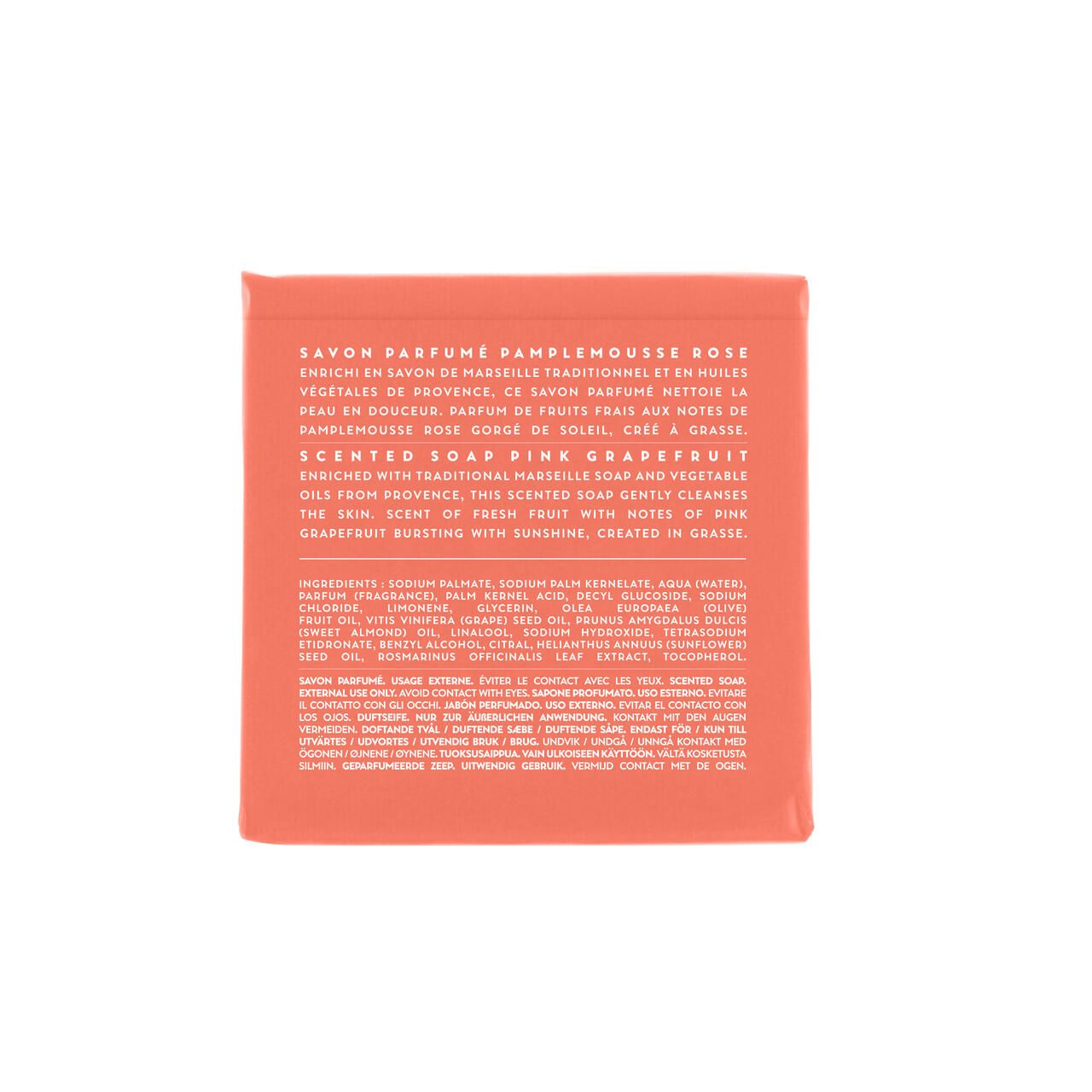 Rosa Grapefruit Seife. Rückseite mit Inhaltsstoffen und Produktinformationen in französischer und englischer Sprache.