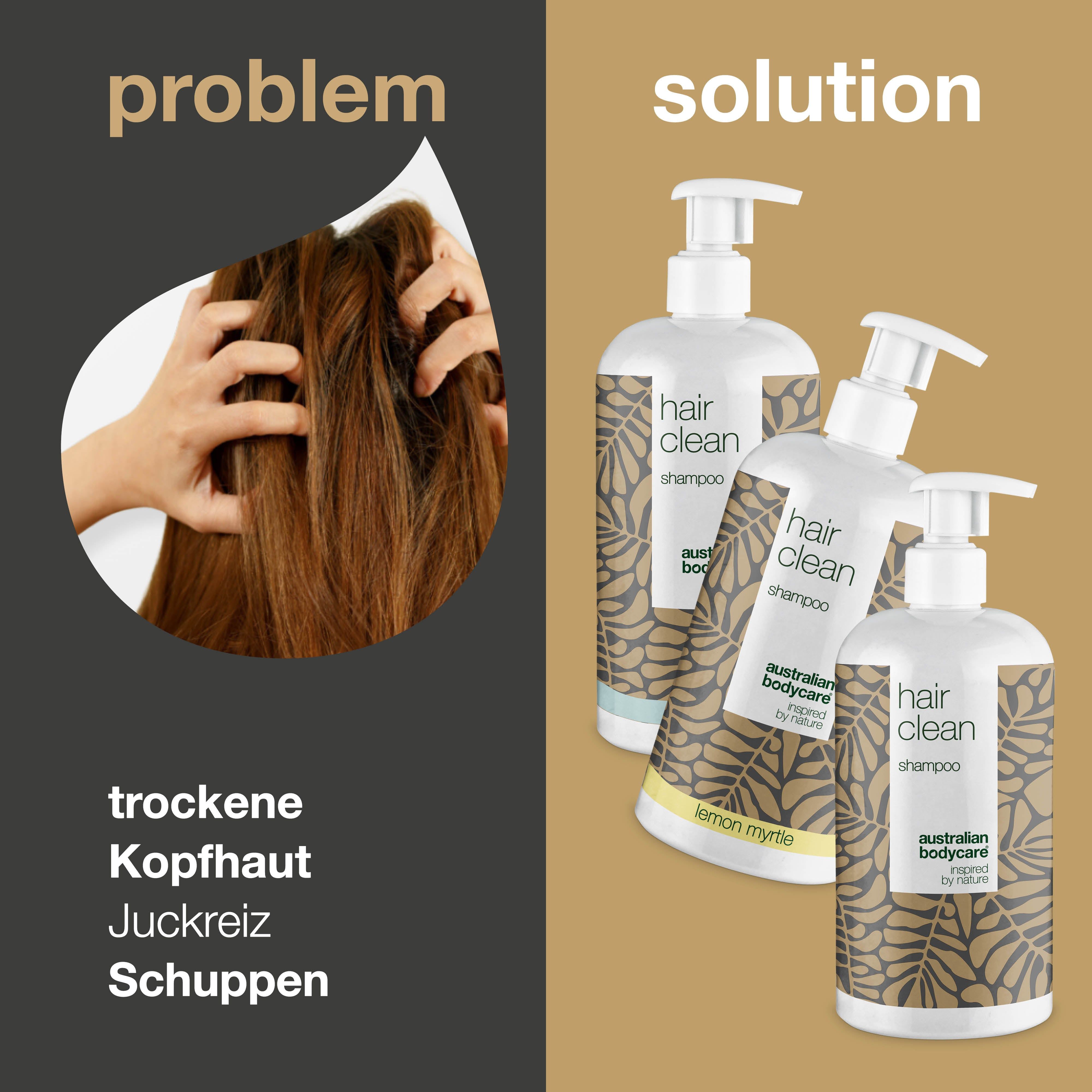 Vergleich: Problem (trockene Kopfhaut, Juckreiz, Schuppen) und Lösung: drei Shampoo-Flaschen.