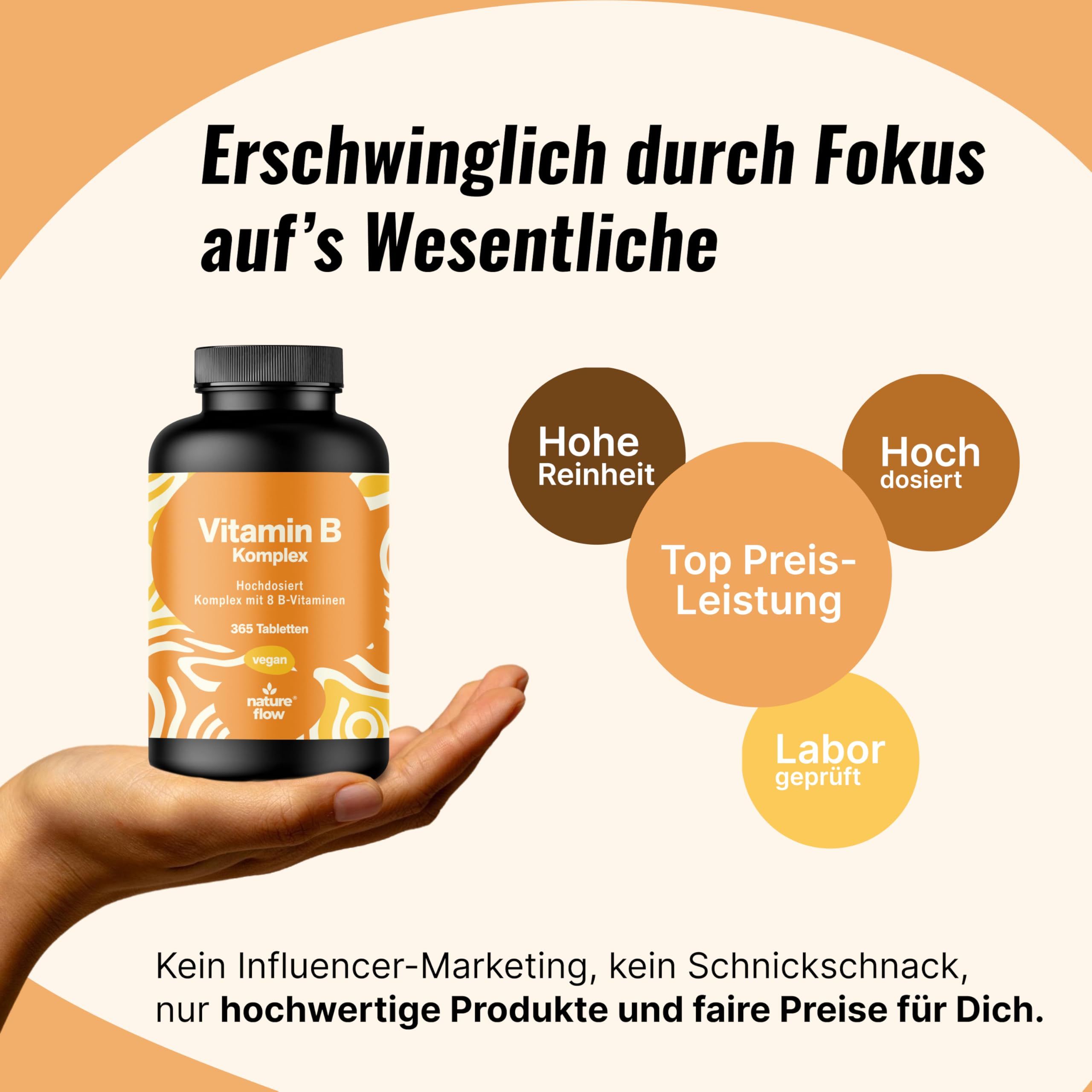 Hand hält Flasche Vitamin B Komplex Tabletten. Text: Hohe Reinheit, Top Preis-Leistung, Labor geprüft.